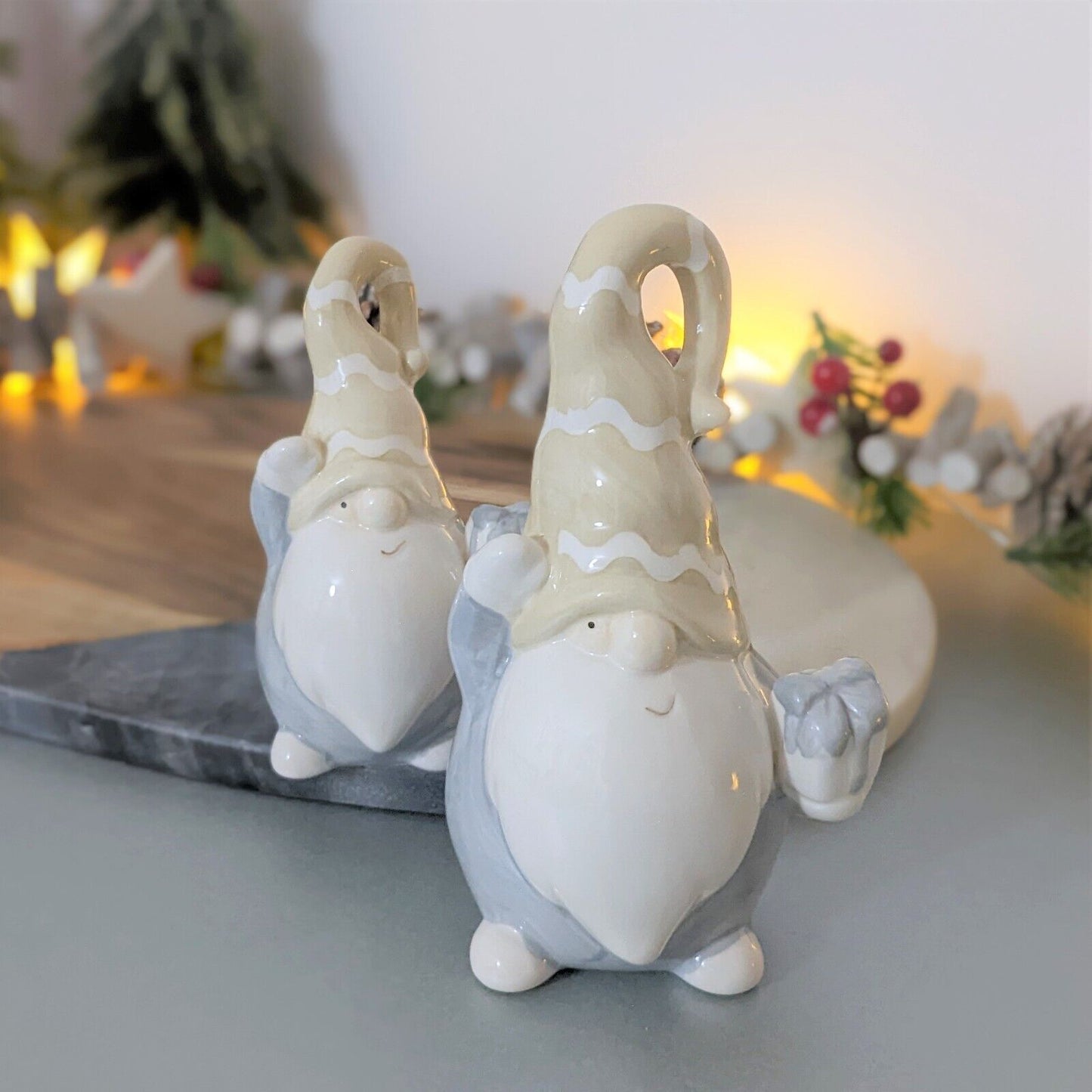 Set of Beige Ceramic Gonk Gnome Holding Gift Nordic Xmas Decor Christmas Gift