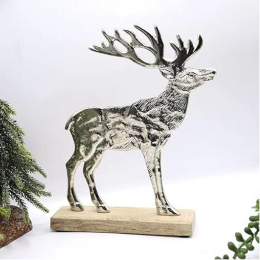 Silver Aluminium Deer Antler Scene 24cm Christmas Xmas Decor Stag On Wooden Base