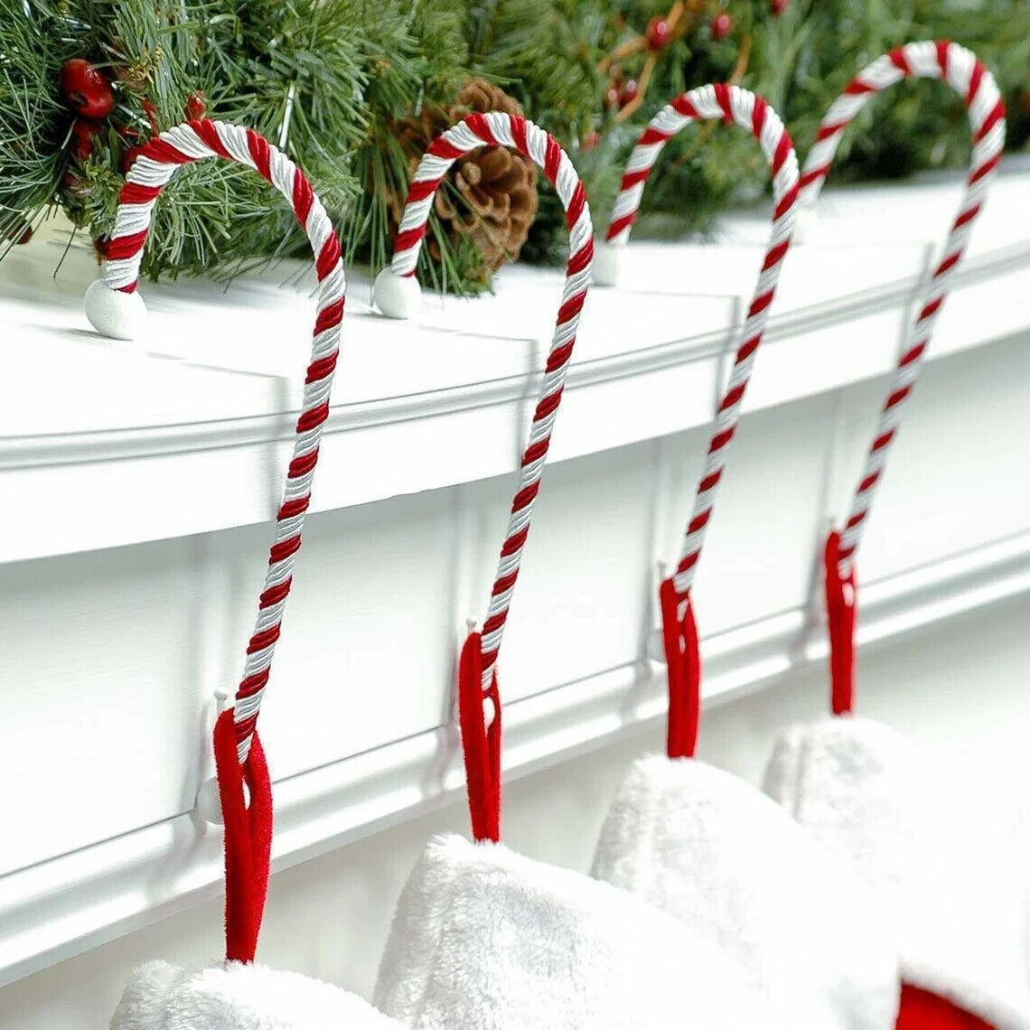 4 x Christmas Candy Stick Cane Stocking Hanger Holder Xmas Decoration Mantle Pie