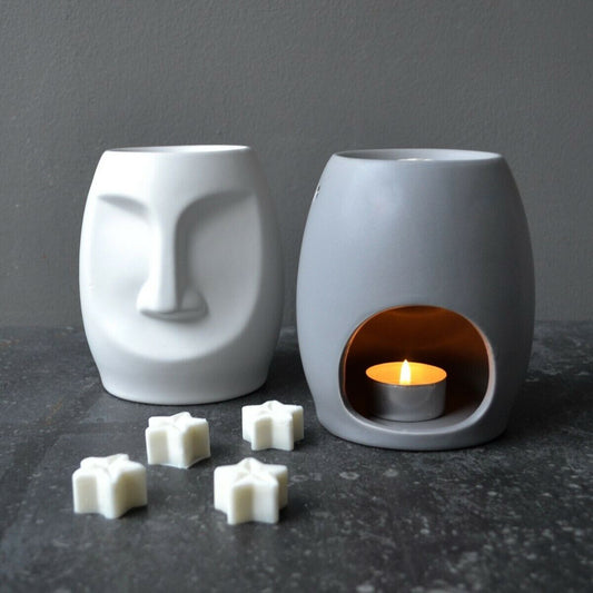 White Grey Ceramic Round Easter Island Pagan Face Decorative Oil Wax Melt Burner