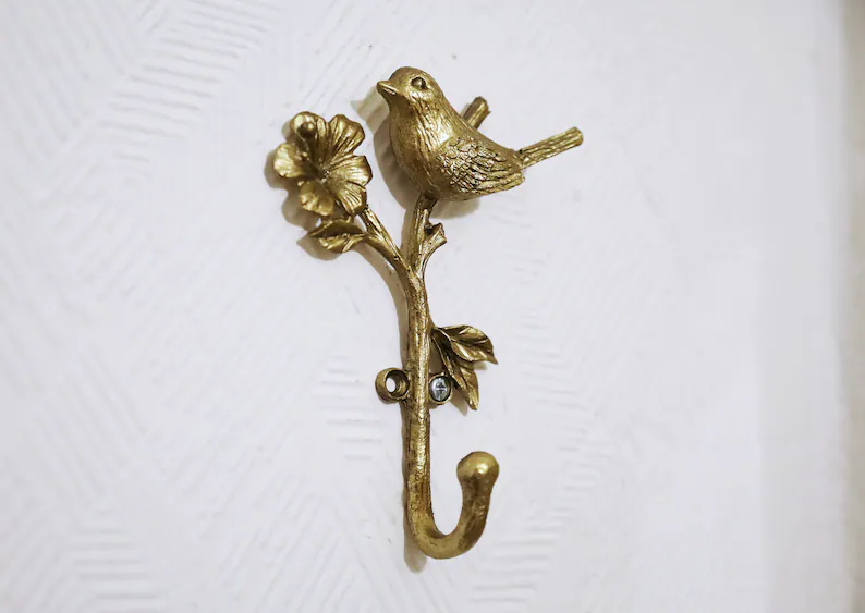 3Pc Metal Gold Wall Bird on Branch Hooks Coat Keys Hanger Rack Wall Mounted