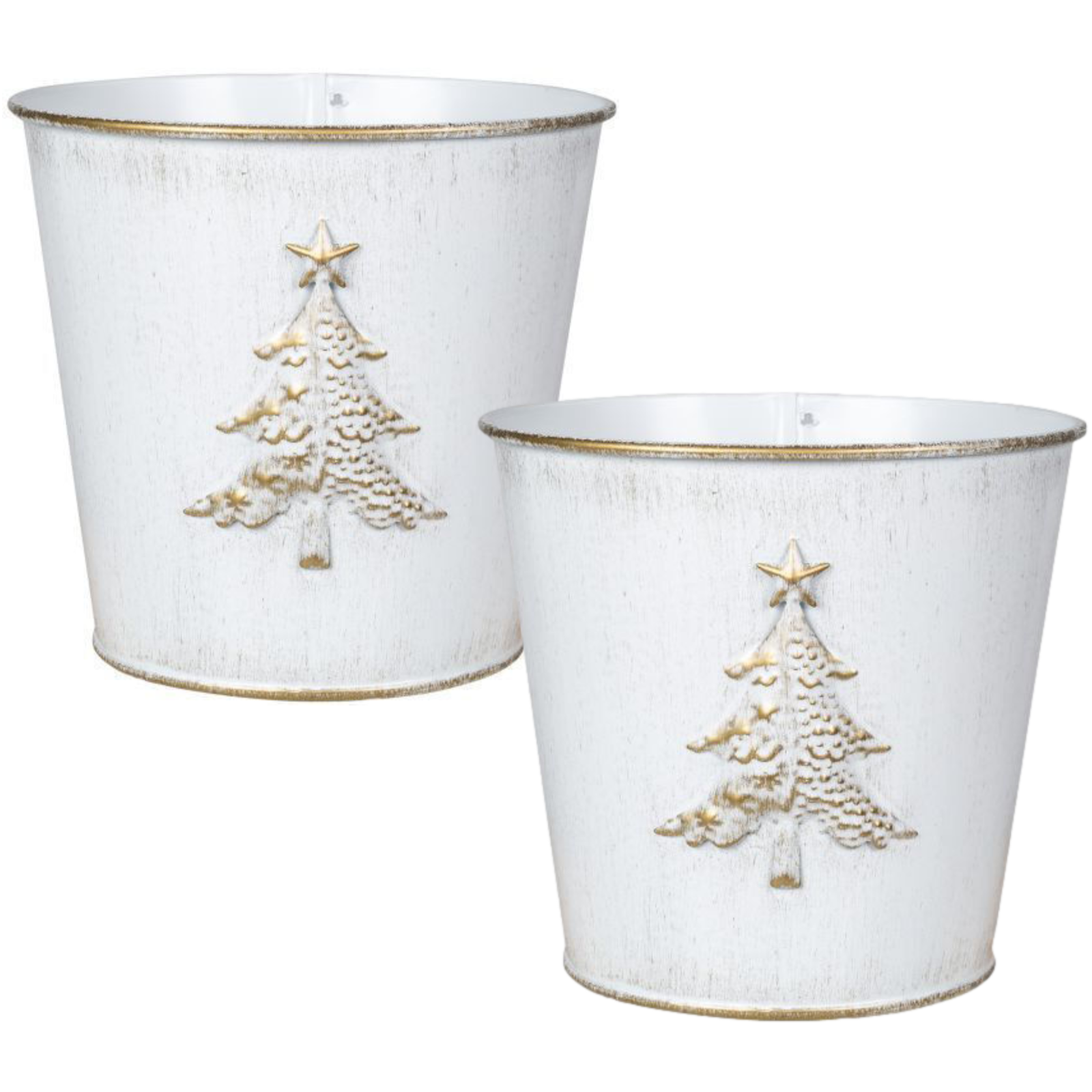 2Pc Metal Christmas 15cm Tree Embossed Plant Pot Tin Pail Planter Gold White