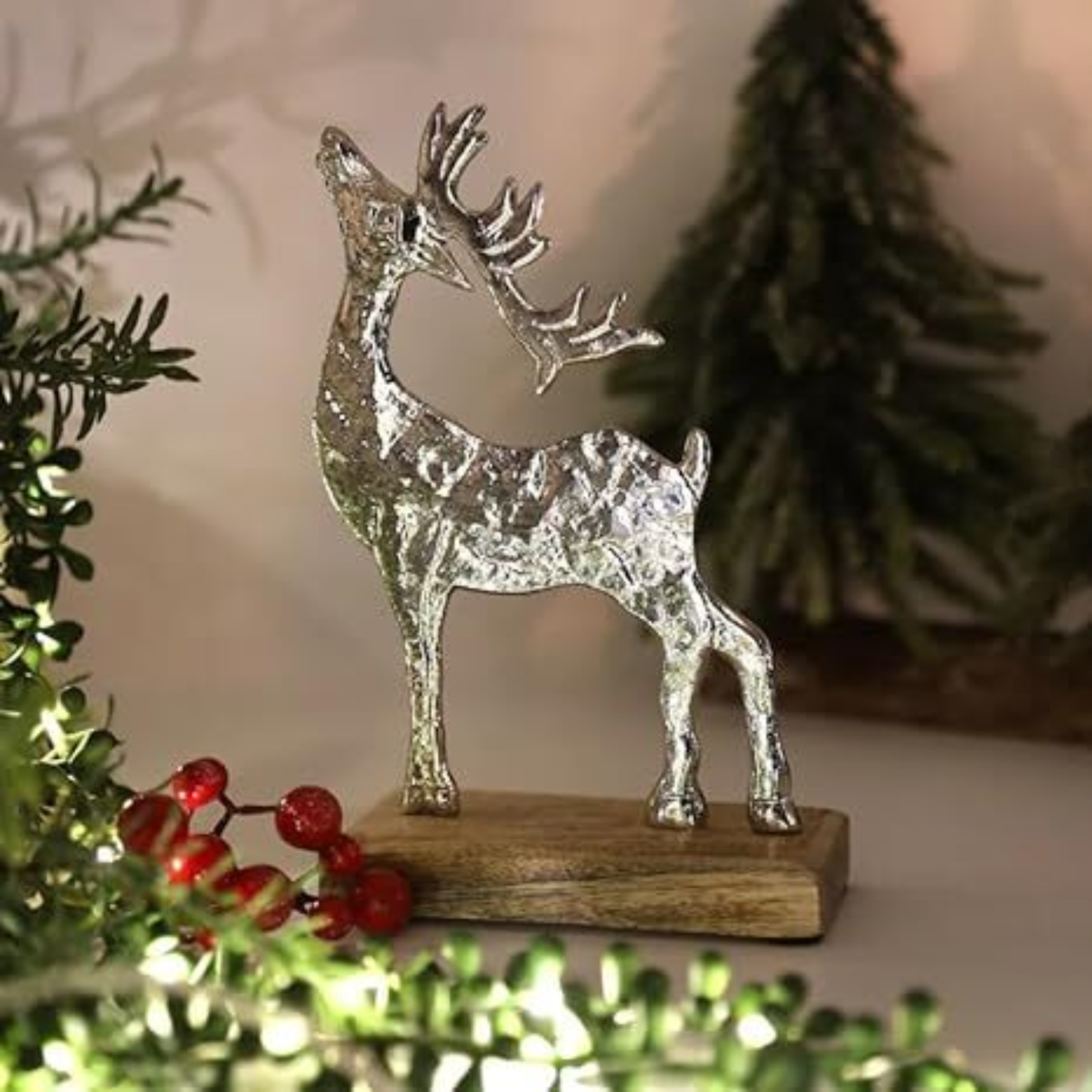 Silver Aluminium Deer Antler Scene 21.5cm Christmas Xmas Home Decor Stag On Wood