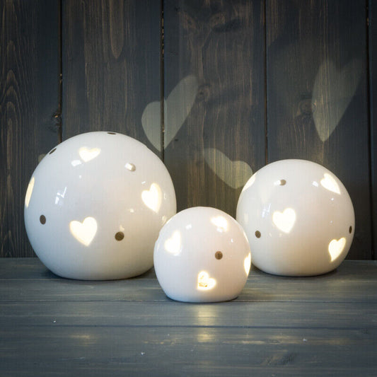 White Ceramic LED Cut Out Heart Design Warm White Light Up Ball Globe Decor