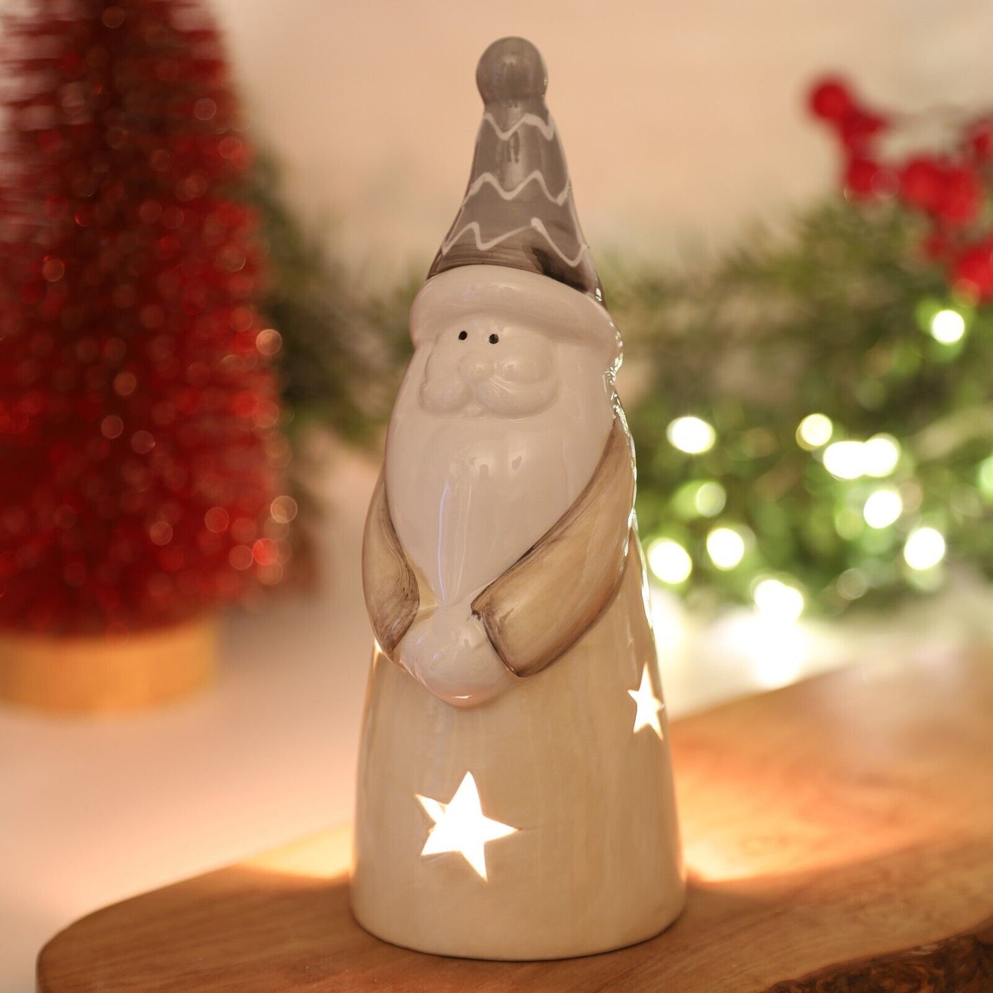 Ceramic Tall Santa Tealight Holder with Star Cut out Christmas Festive Decor