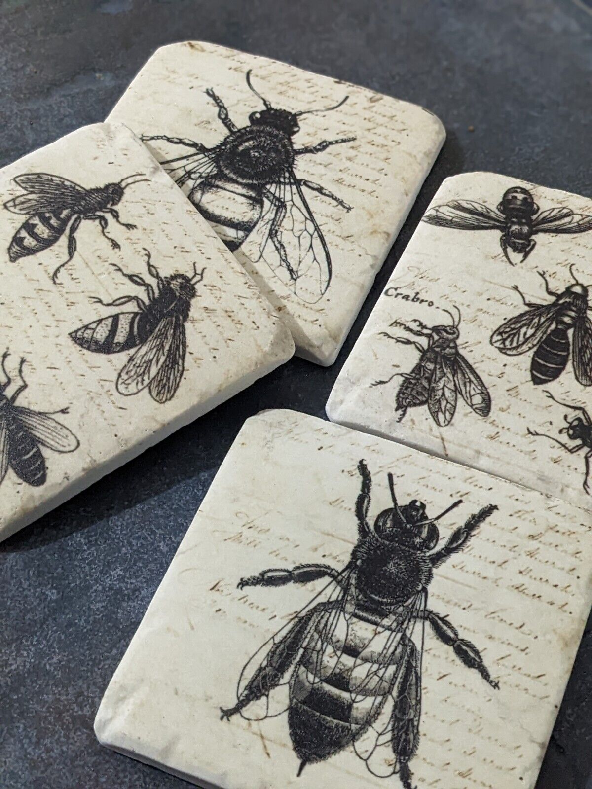 Ceramic Coasters Set of 4 Bees Flies Cork Backed Coasters Table Mats Protectors