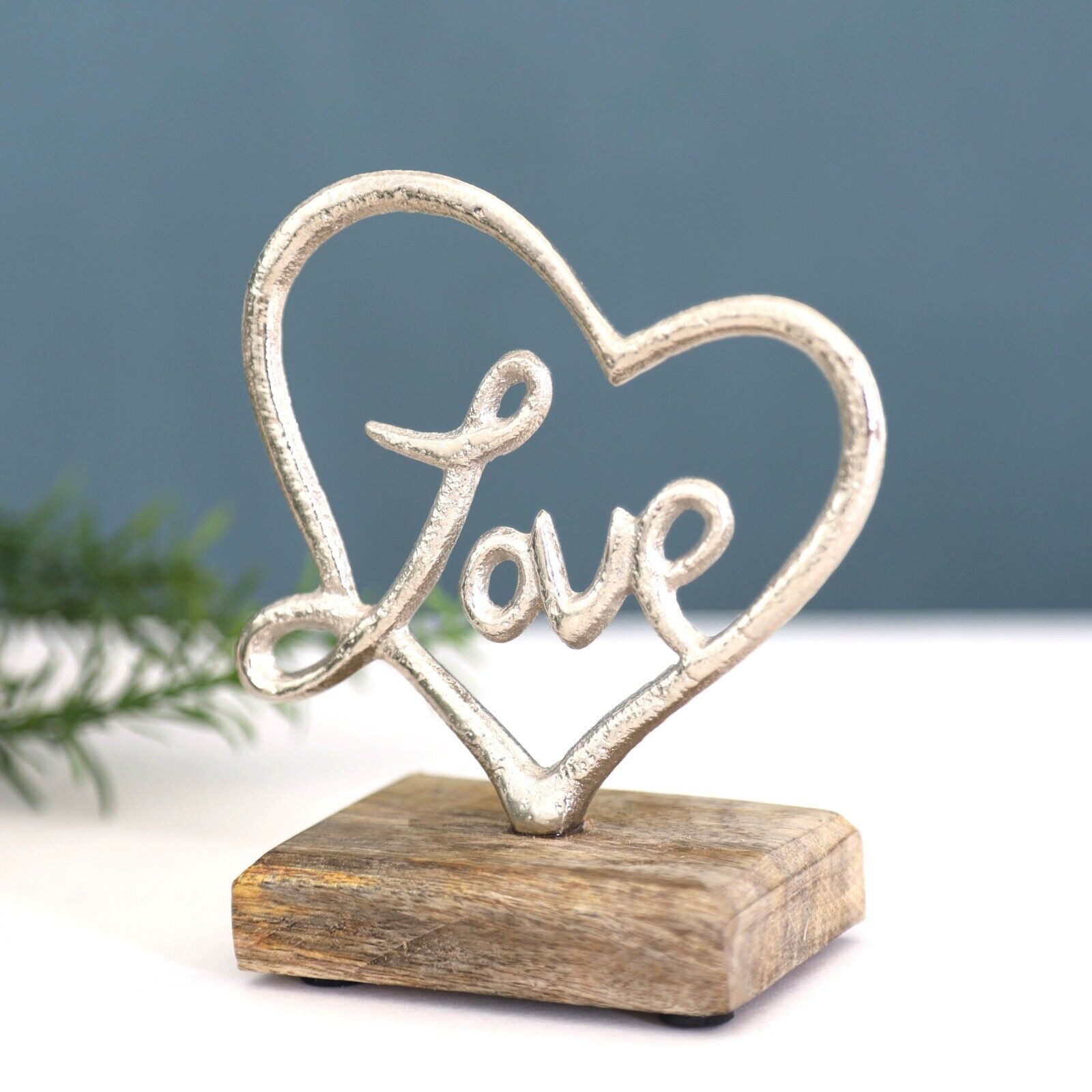11.5cm Silver Heart with Love on Wooden Plinth Home Decor Ornament Figurine
