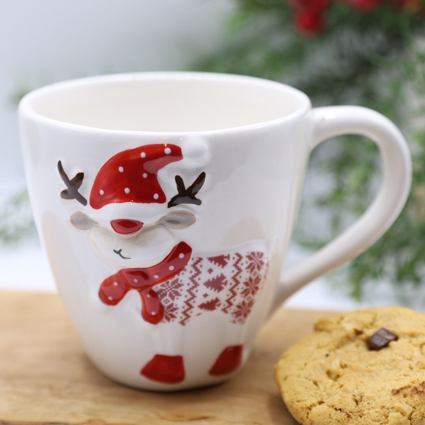 Red & White Reindeer Mug 300ml Coffee Tea Cup Christmas Table Novelty Gift Deocr