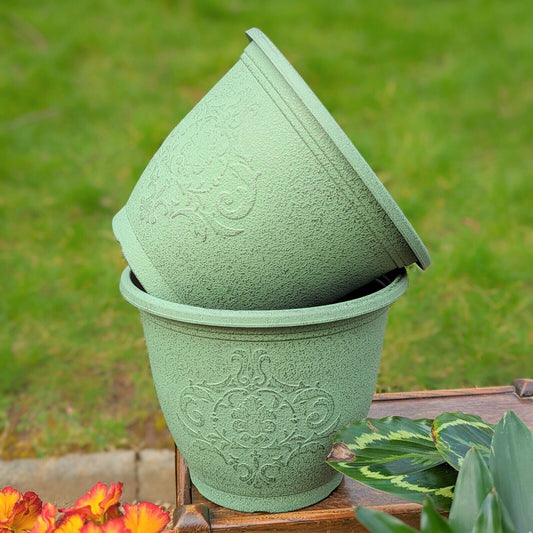 Set of 2 Green Plastic Garden Plant Pot 22cm Metallic 6L Round Planter Cover