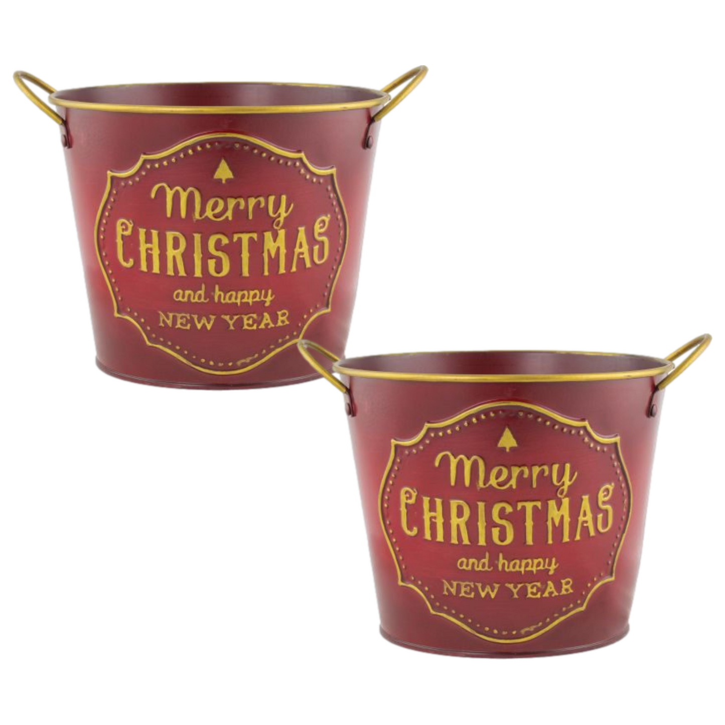 2Pcs 15cm Metal Christmas New Year Red Plant Pot Tin Pail Planter Gold Decor 