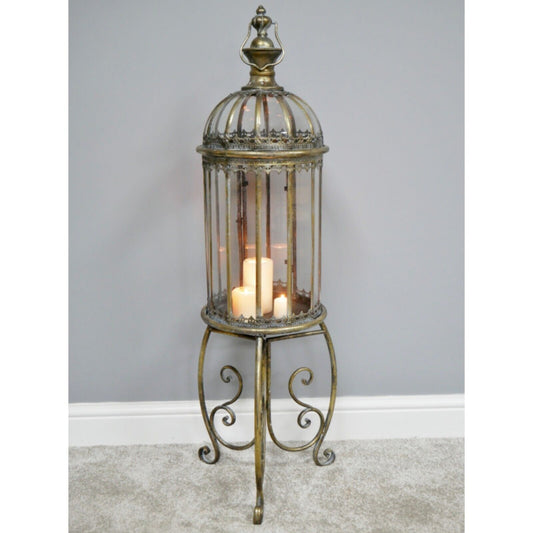 Vintage Gold Lantern on Stand Tall Rustic Antique Style Home Decorative Gift