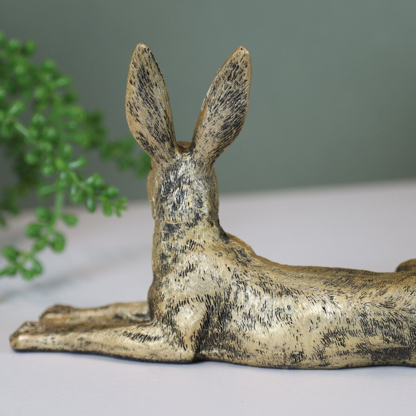 Golden Laying Hare Statue Indoor, Garden Bunny Rabbit Animal Decor Ornament