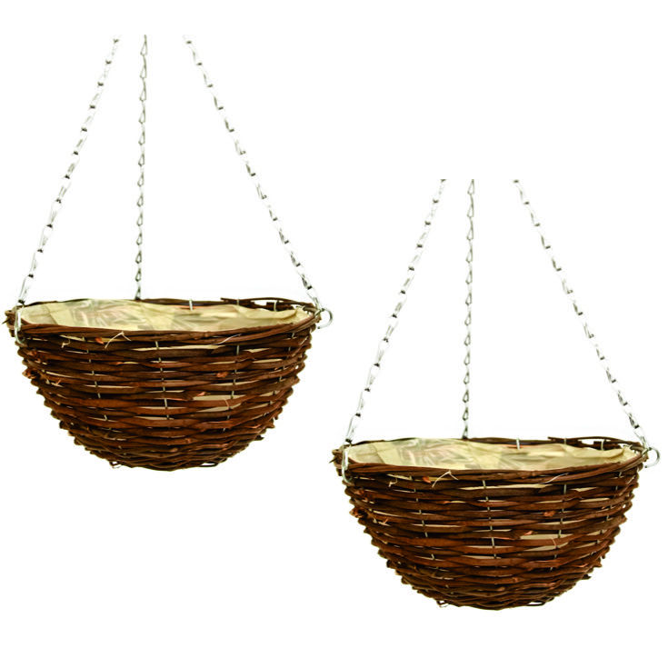 2X 25cm 10 Inch Dark Brown Wicker Hanging Basket Lined Rattan Willow Planter