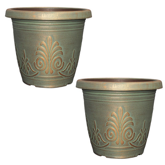 Set of 2 Copper Green Plastic Plant Pot 16cm Metallic Round 1.9L Garden Planter