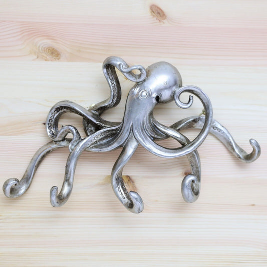 Silver Octopus Resin Wall Hanging Triple Hook Coats Keys Hanger Antique Nautical