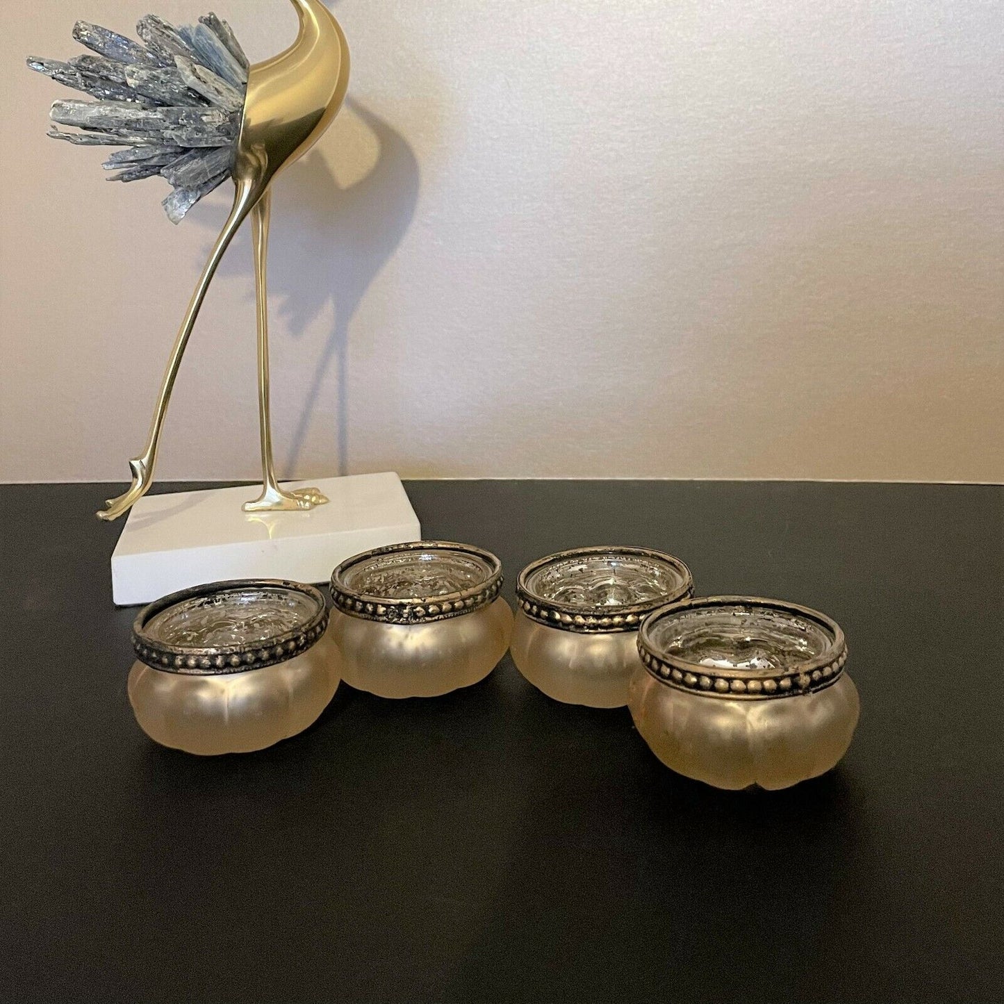 Set of 4 Ribbed Silver Rim Vintage Glass Tealight Candle Holders Wedding Golden