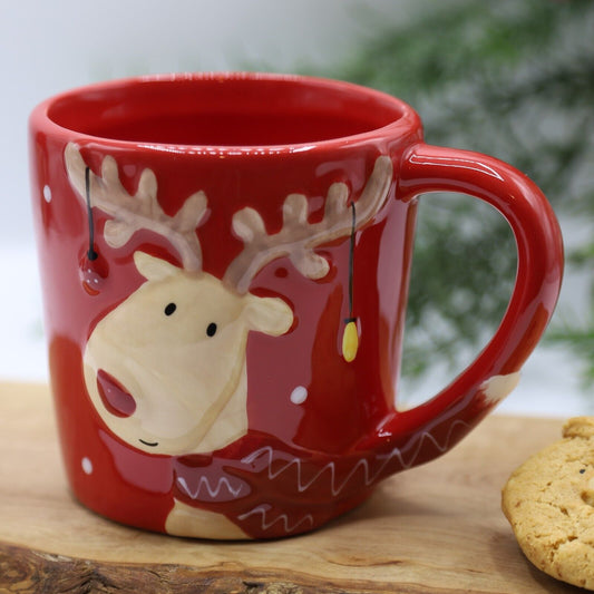 Ceramic Red Reindeer Mug 300ml Coffee Tea Cup Christmas Novelty Table Gift Decor