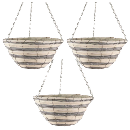 3X 30cm 12Inch Natural Grey Cream Wicker Hanging Basket Lined Willow Planter