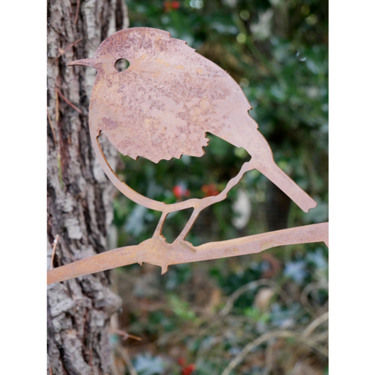 Bird Tree Spike Sign Rustic Brown Metal Outdoor Garden Ornament Plaque Decor