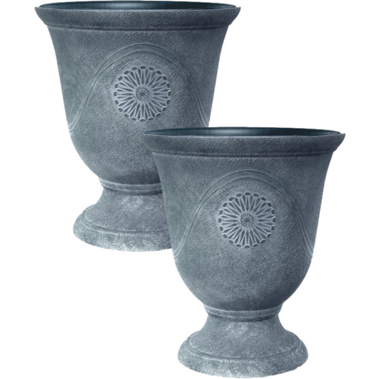 Urn Planter 2Pc Grey Aged Lead Anaheim 34cm Round Plastic Tall Garden Flower Pot