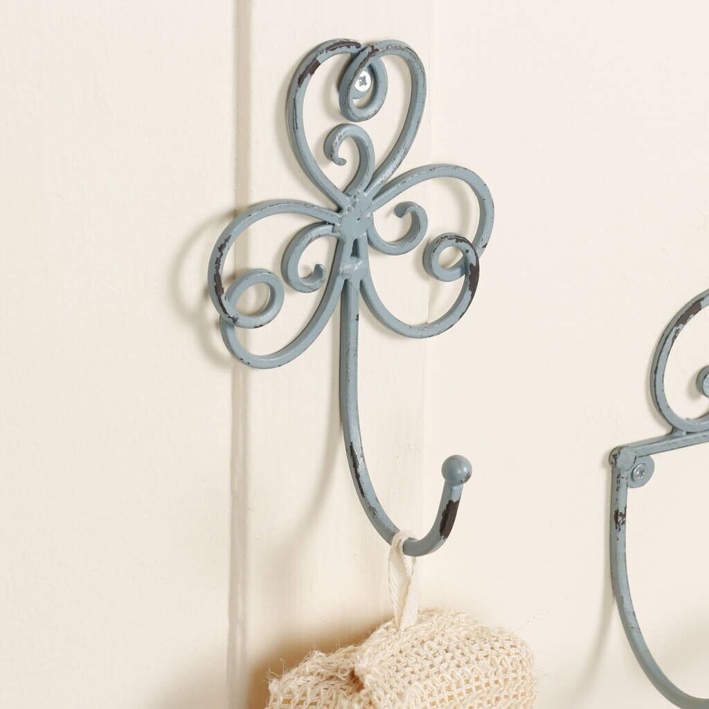 Metal Powder Blue Toilet Roll Holder Towel Holder Hook Clover Distressed Finish