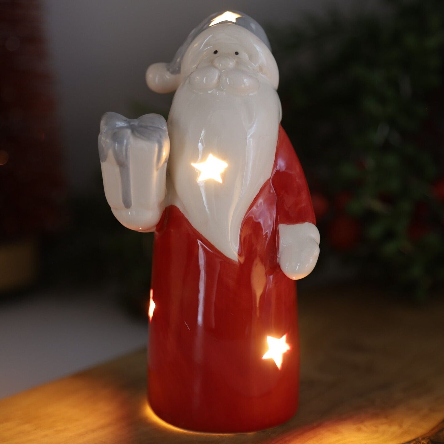 Light Up LED Ceramic Santa Star Cut Out Christmas Decor Ornament with Batteries