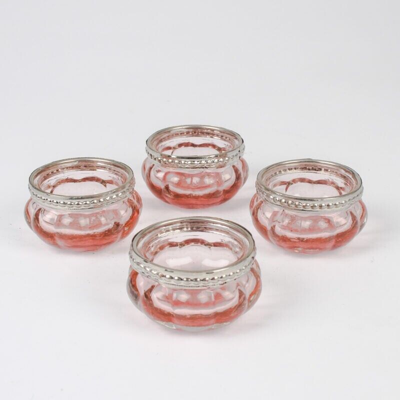 4Pc Pink T-Light Ribbed Metal Rim Vintage Glass Tealight Candle Holders Wedding