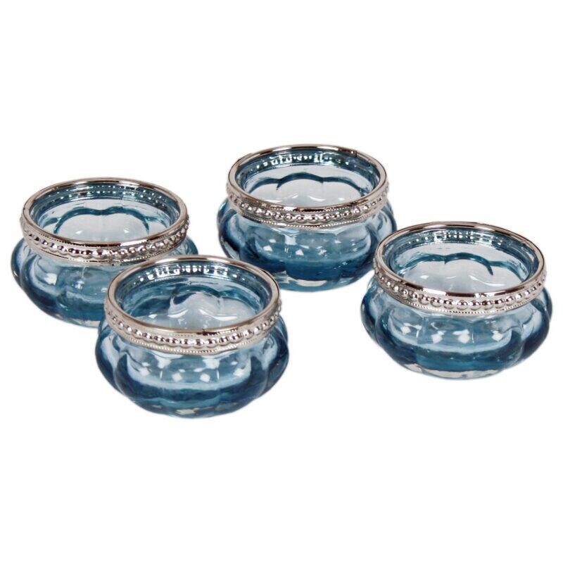 4Pc T-Light Blue Ribbed Metal Rim Vintage Glass Tealight Candle Holders Wedding