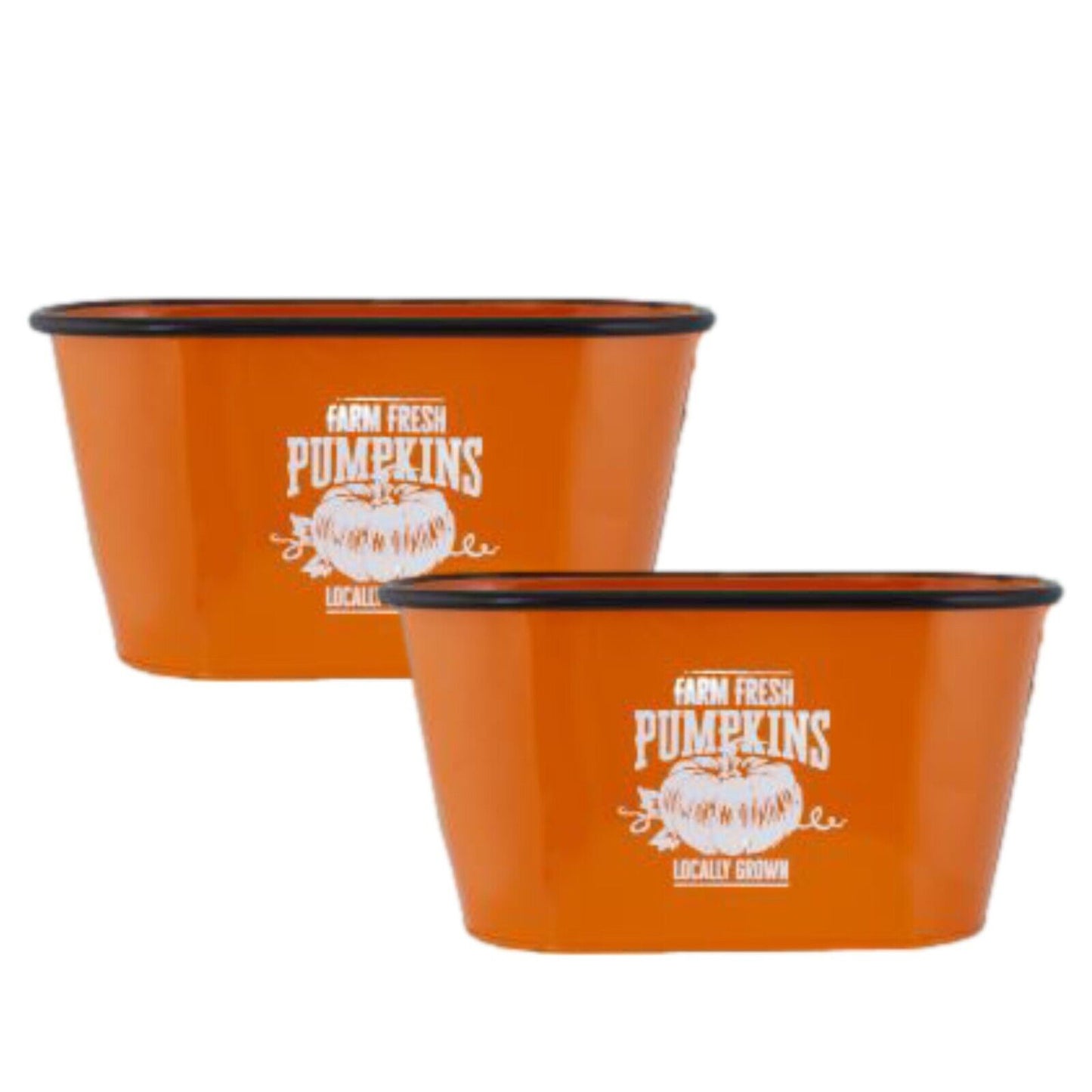 2Pc Orange Tin Halloween Troughs Planters 30cm Pumpkin Plant Pots Party Decor