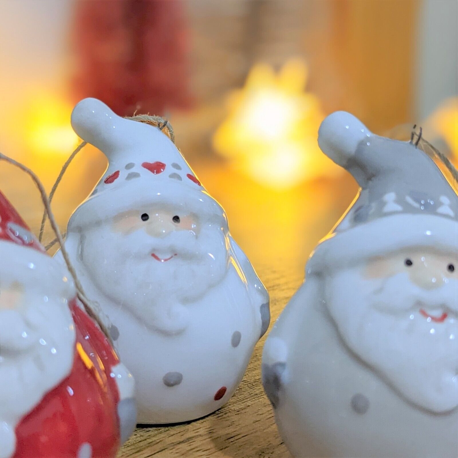 Set of 3 Ceramic Santa Christmas Tree Hanging Bauble White Red Grey Decor