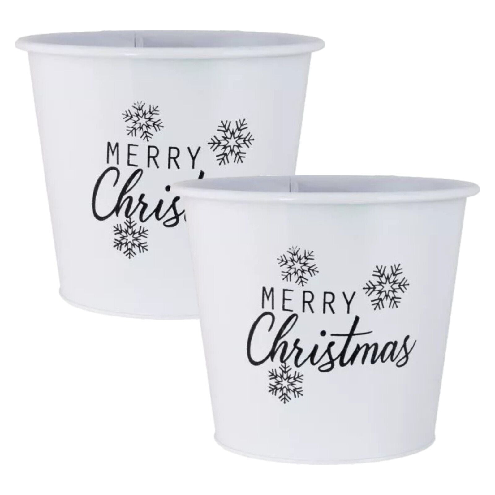 2Pc Metal Merry Christmas White Plant Pot Pail 20cm Planter Xmas SnowFlakes