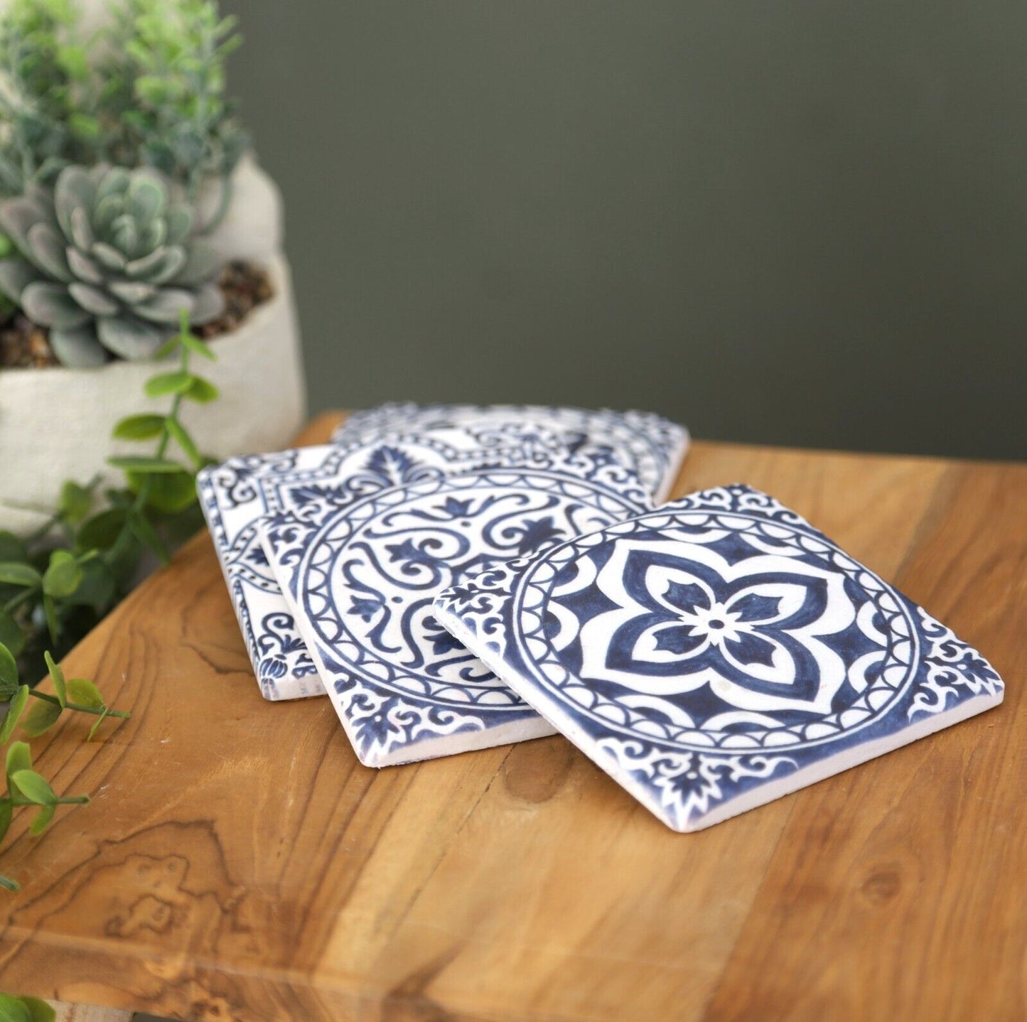 Ceramic Coasters Set of 4 Blue Geometric Tiles Cork Backed Coasters Table Mats