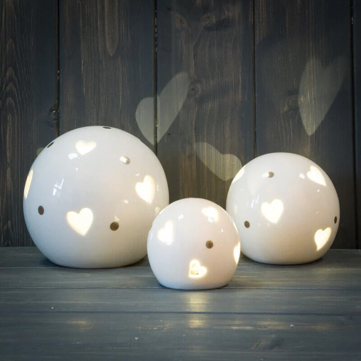 3Pc White Ceramic LED Cut Out Heart Design Warm White Light Up Ball Globe Decor