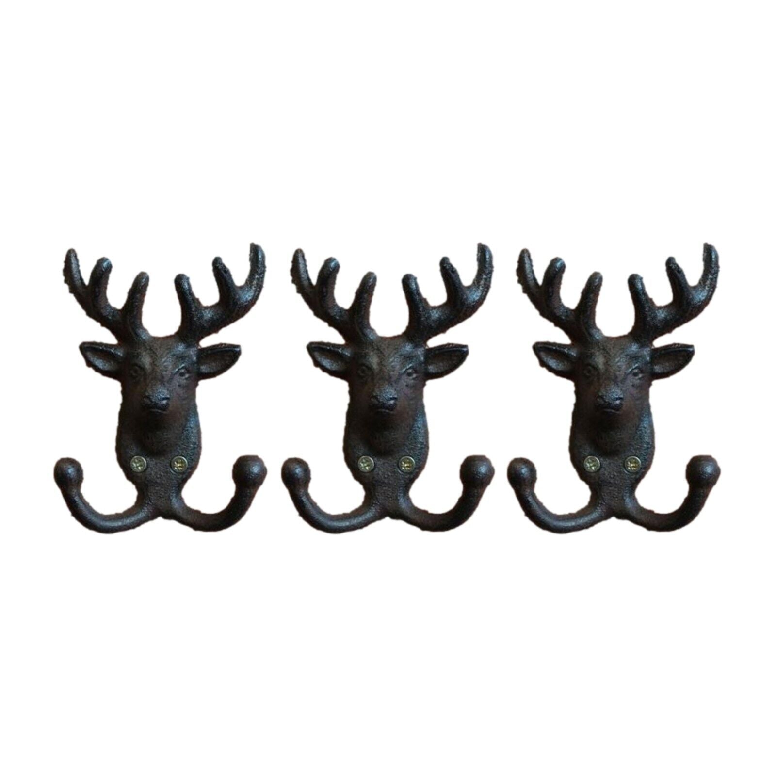 3Pc Cast Iron Stag Head Wall Coat Hook Rack Utility Storage for Coats Bags Leads