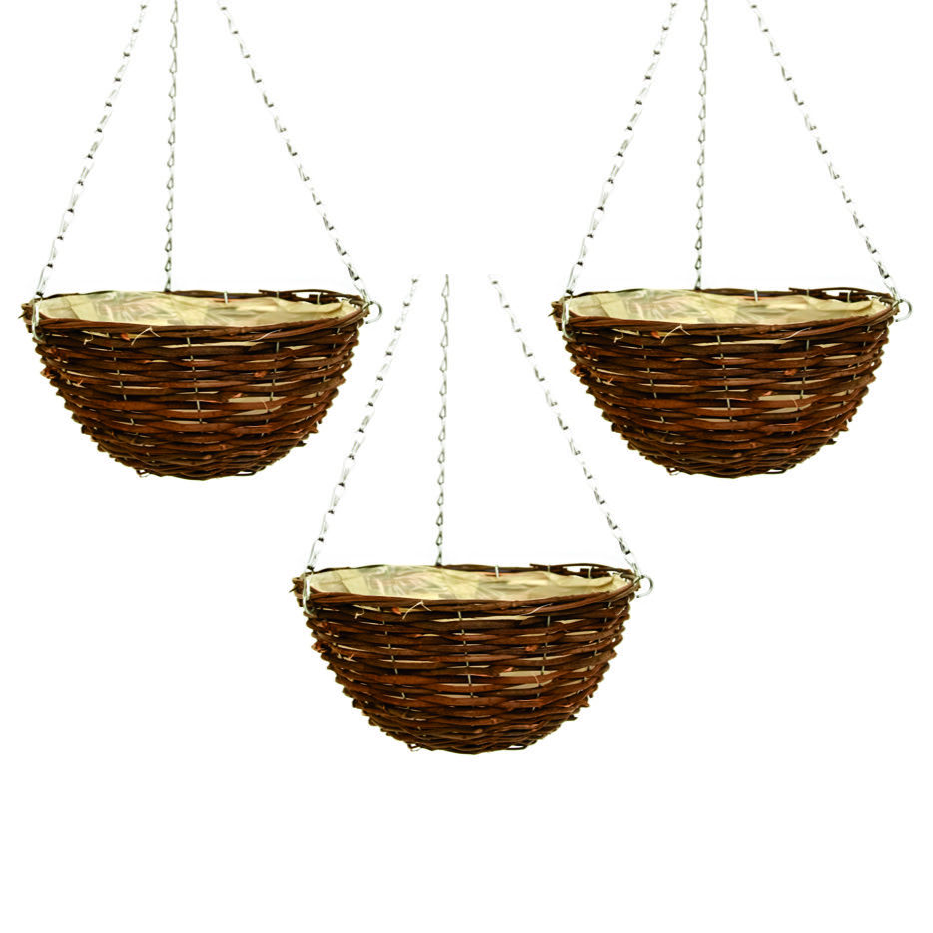 3X 25cm 10 Inch Dark Brown Wicker Hanging Basket Lined Rattan Willow Planter