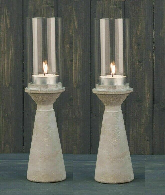 Set of 2 34cm Cement Concrete Tea Light Candle Holders Lantern with Glass Shade