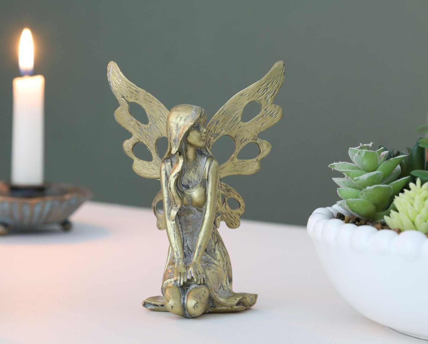 Antique Resin Fairy with Metal Wings Statue Sitting Garden Home Decor Ornament