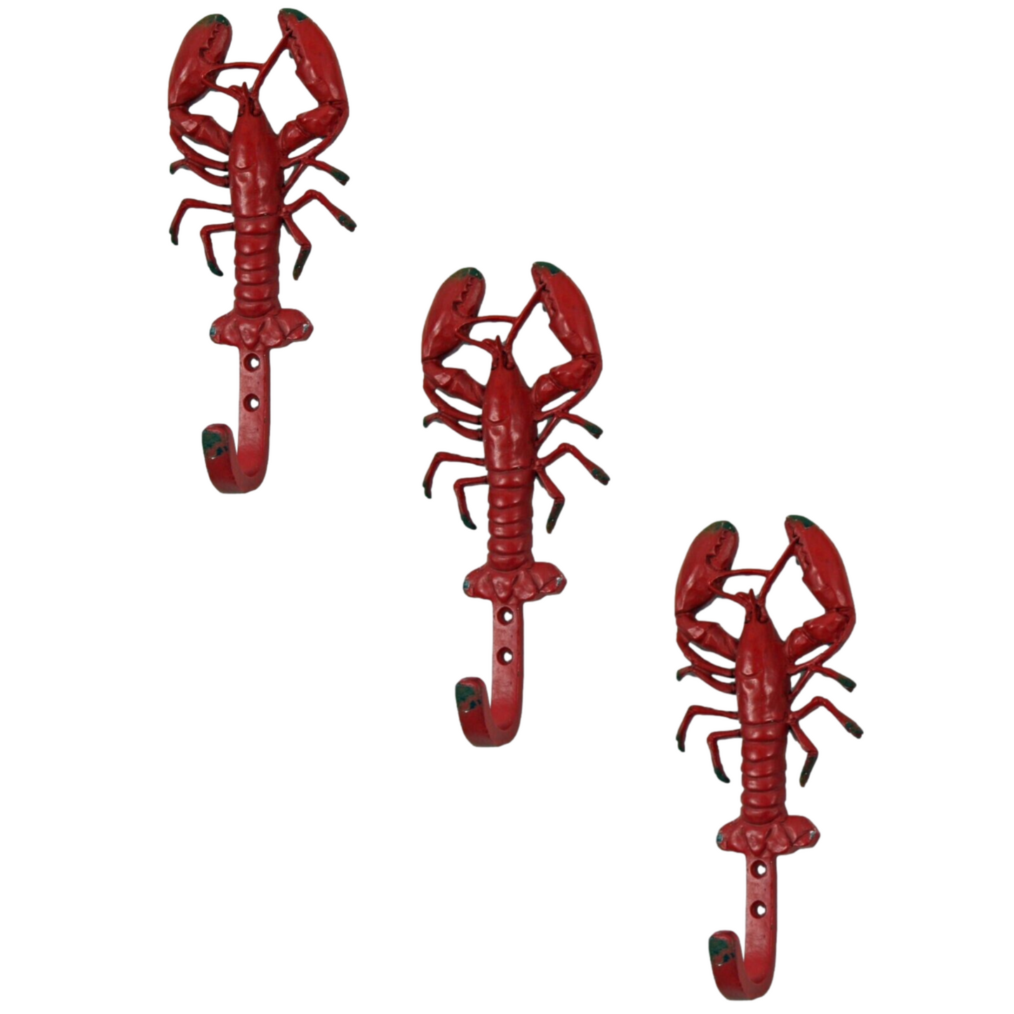 3Pc Cast Iron Red Vintage Lobster Marine Figurine Lead Coat Key Wall Hook Hanger