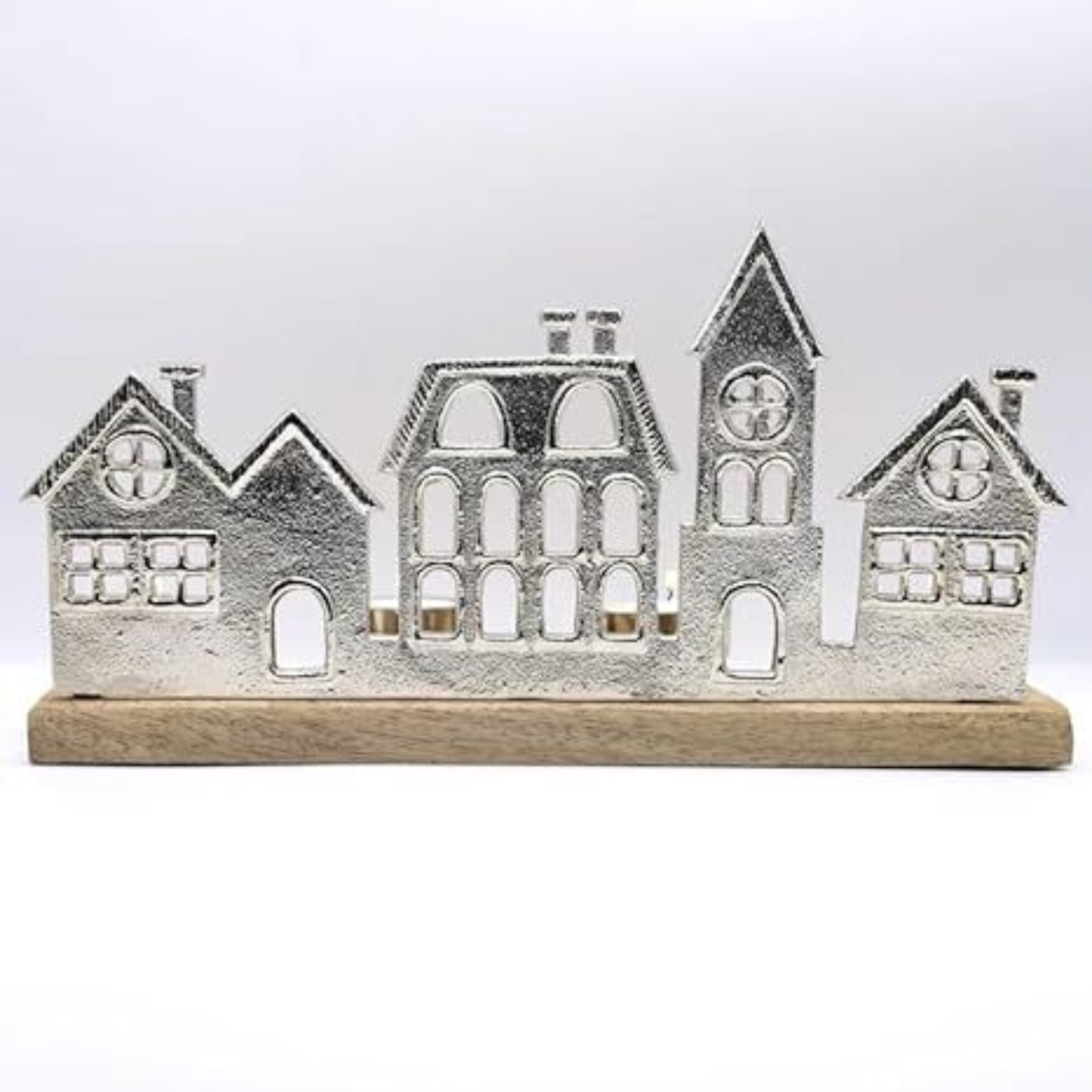Aluminium Townscape Tealight Holder 32cm Village Scene on Wooden Base Home Decor