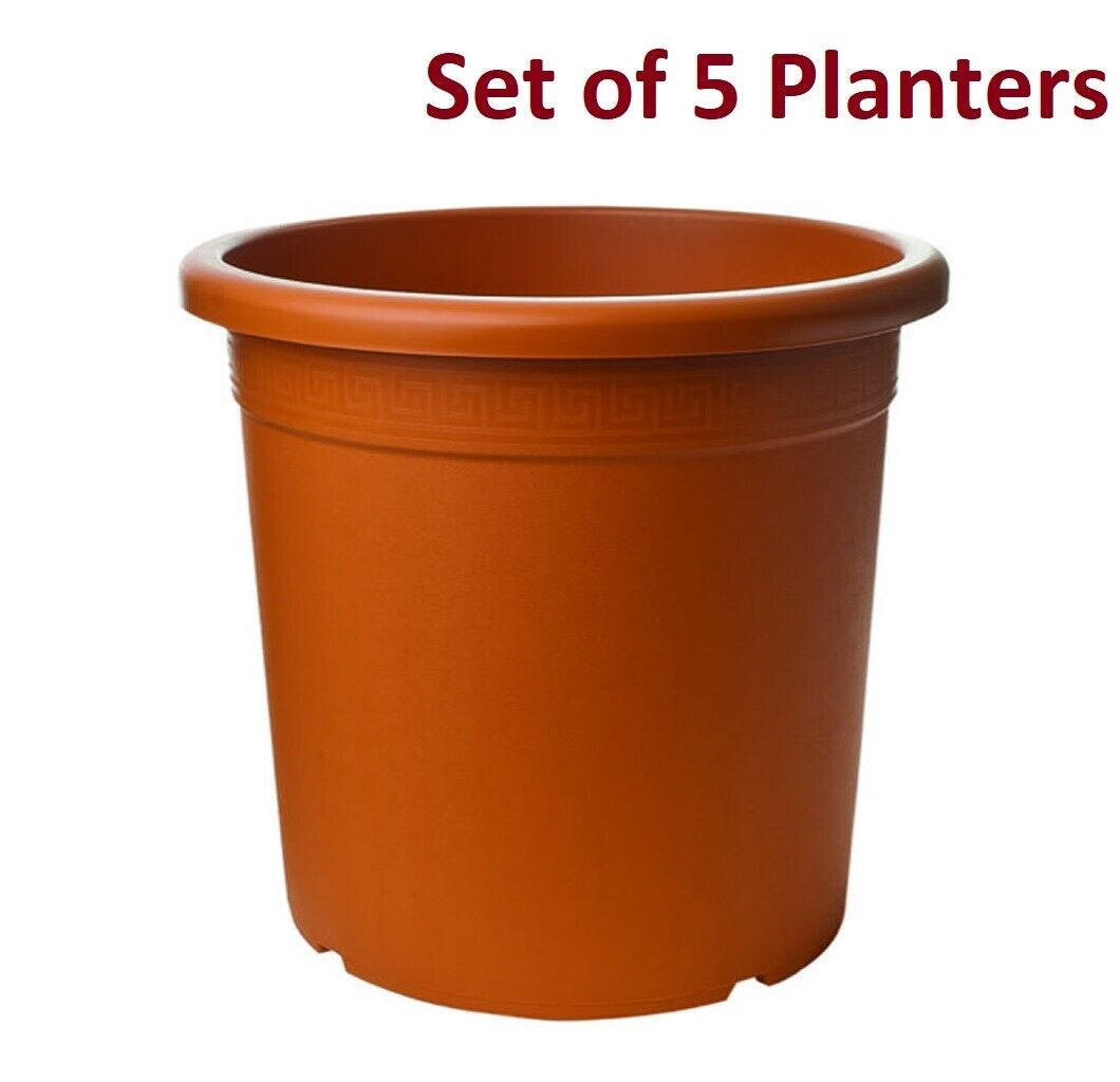 Set of 5 Tall Terracotta Plastic Planter 28cm Round Flower Plant Garden Pot