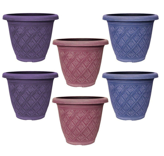 6pc Round 33cm Garden Plant Pot Woven Purple Blue Pink Flower Outdoor Planters