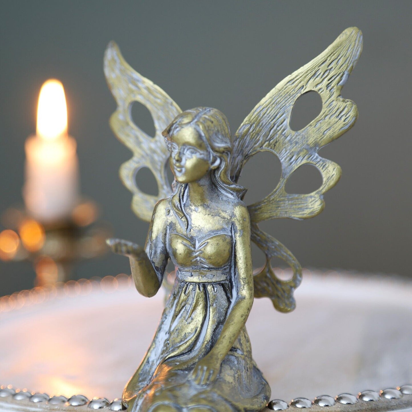 Antique Resin Fairy with Metal Wings Statue Sitting Garden Home Decor Ornament