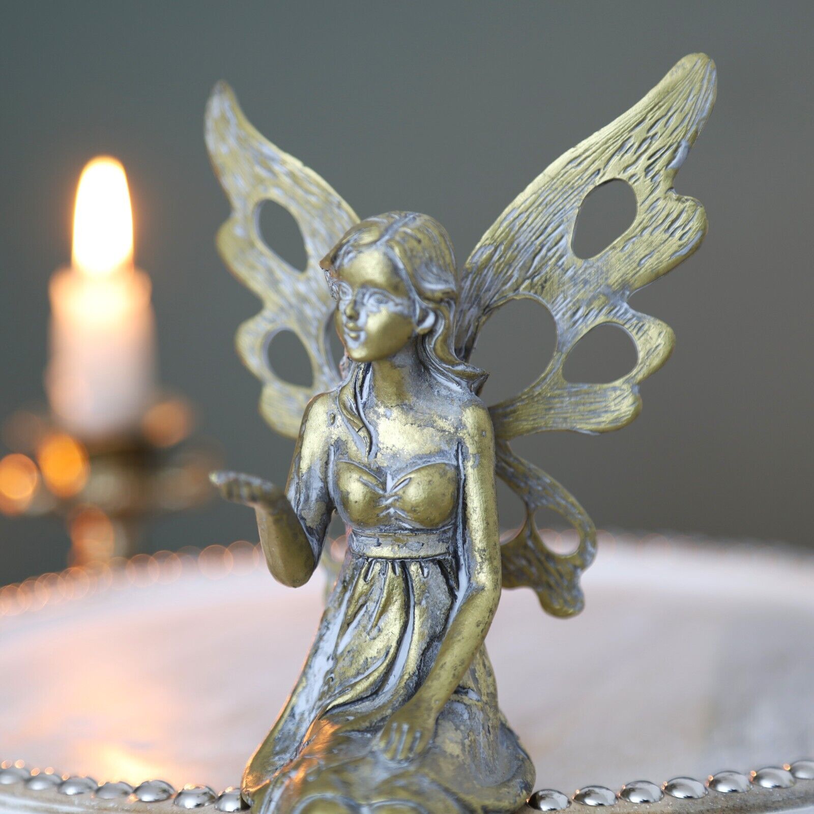 Antique Resin Fairy with Metal Wings Statue Sitting Garden Home Decor Ornament