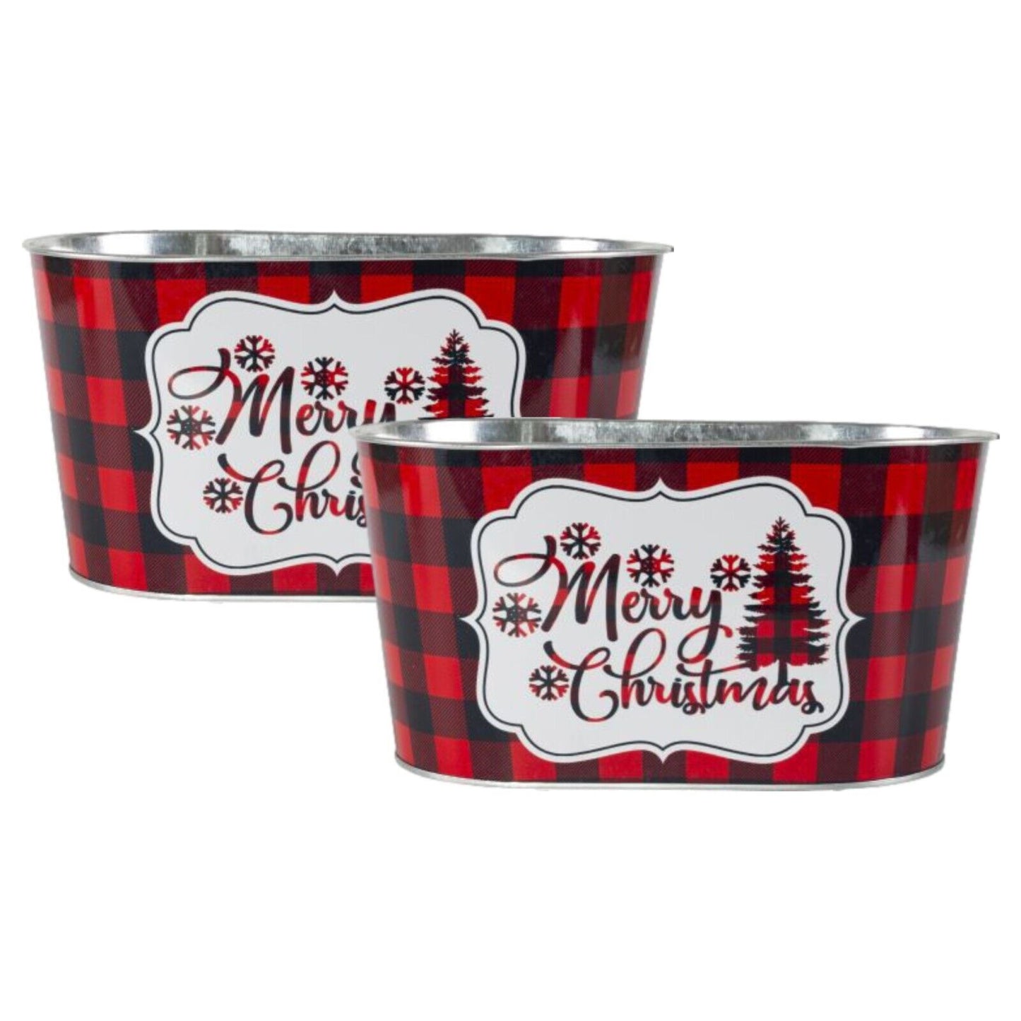 2Pc Metal Tin Trough 25cm Pot Merry Christmas Red Chequered Festive Planter