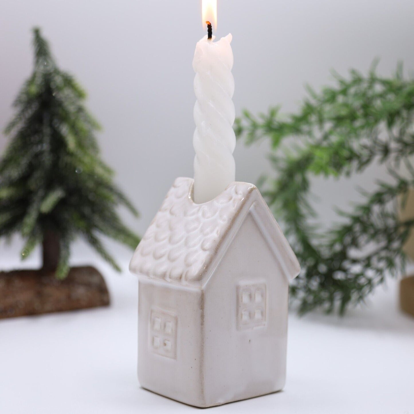 Beige Ceramic Candle Holder Country House Village Scene Ornament 10.5cm Decor