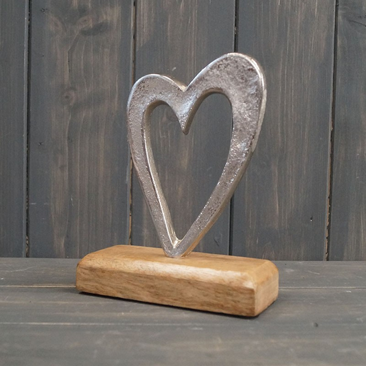 Silver Aluminium Heart Cutout on Wooden Plinth Shelf Sitter Ornament Figurine