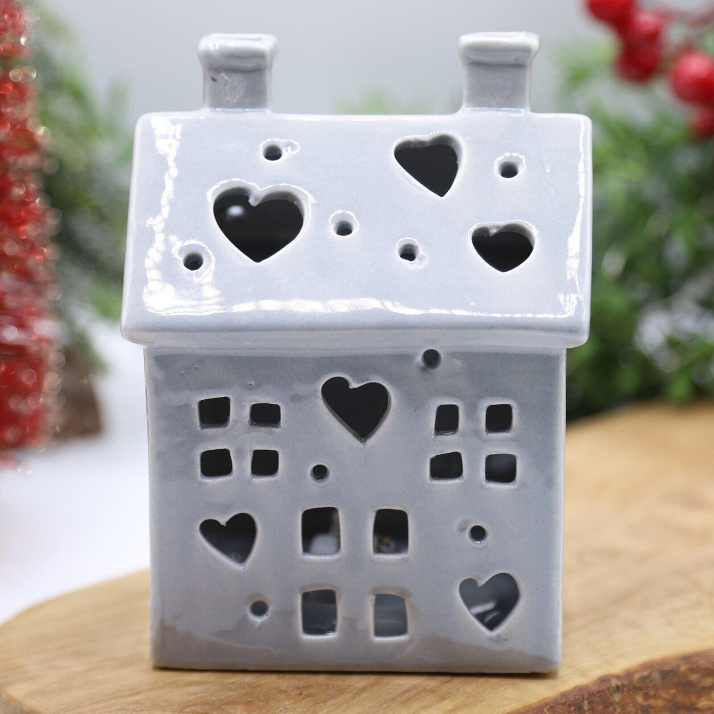 LED Grey Ceramic Home With Small Battery House Xmas Christmas Decor Ornament