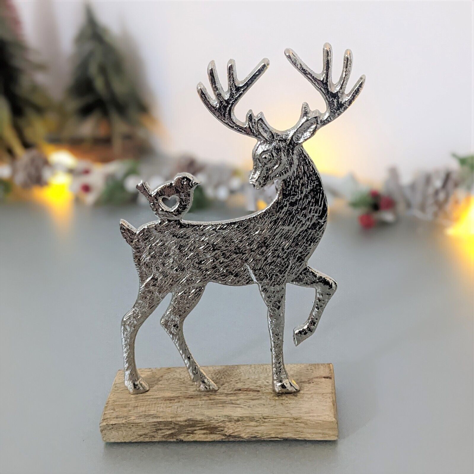 22cm Silver Metal Deer Antler Bird Scene Home Decor Ornament Figurine On Wood