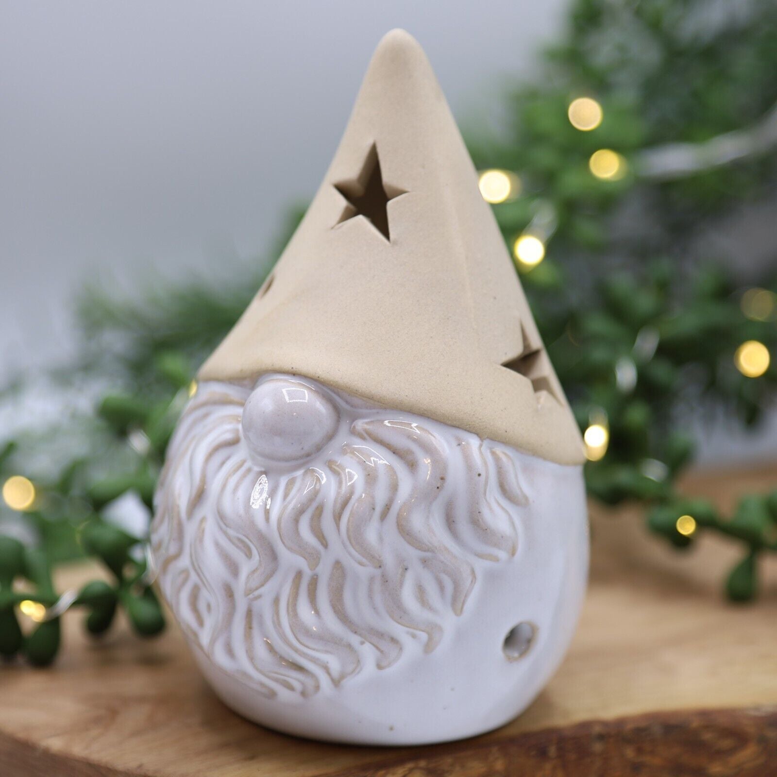 Beige Ceramic Gonk Tealight Candle Holder Star Cut Out (11cm) Christmas Festive