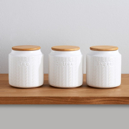 Set Of 3 White Tea Coffee Sugar Ceramic Canister Embossed Patterned Storage Jars